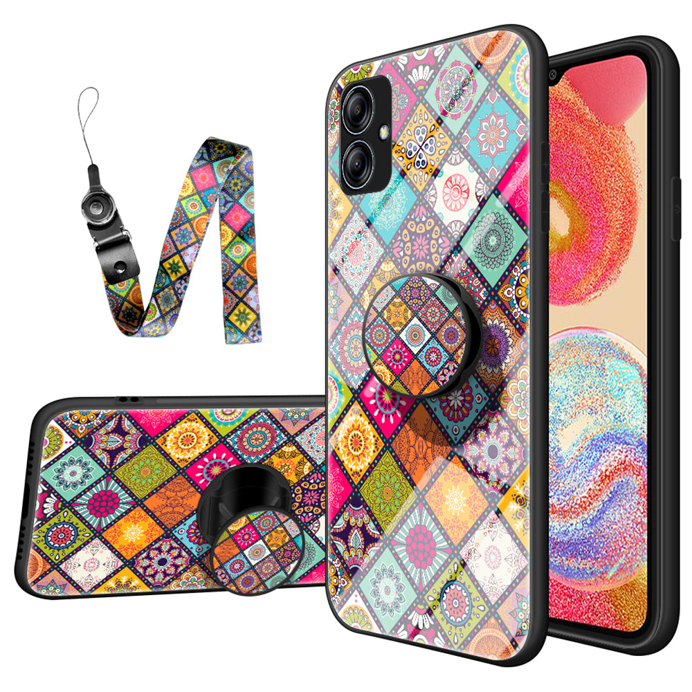 For Samsung Galaxy A04e 4G Tempered Glass Phone Case Flower Pattern PC TPU Kickstand Anti-drop Phone Cover with Lanyard For Samsung Galaxy A04e 4G Tempered Glass Phone Case Flower Pattern PC TPU Kickstand Anti-drop Phone Cover with Lanyard